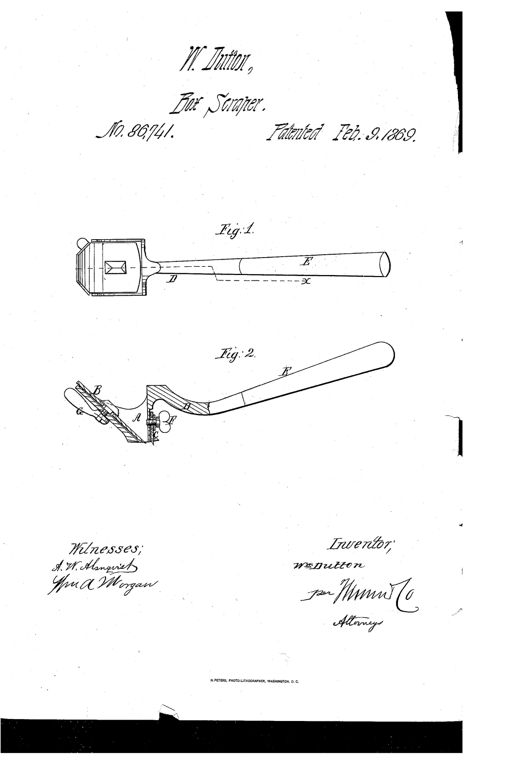 Patent drawing of a hand tool showing Fig. 1, a top view of a wooden-handled scraper with a rectangular metal head, and Fig. 2, a side sectional view revealing internal adjustable blades B and C held by a thumbscrew F and lever G within a metallic stock A.