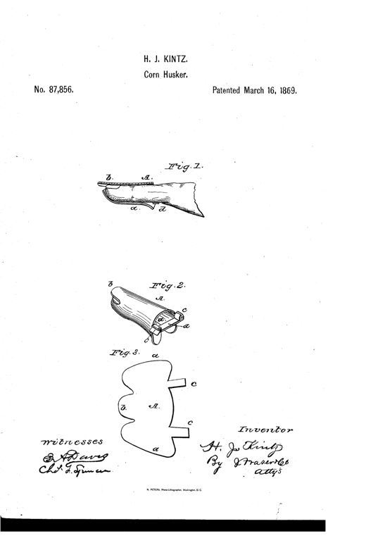 Three patent drawings show a metal corn-husking thimble: a side-section view fitted on a thumb, a perspective view with an elastic strap and tongues, and a flat cut sheet-metal blank labeled with reference letters A, a, b, c, d.