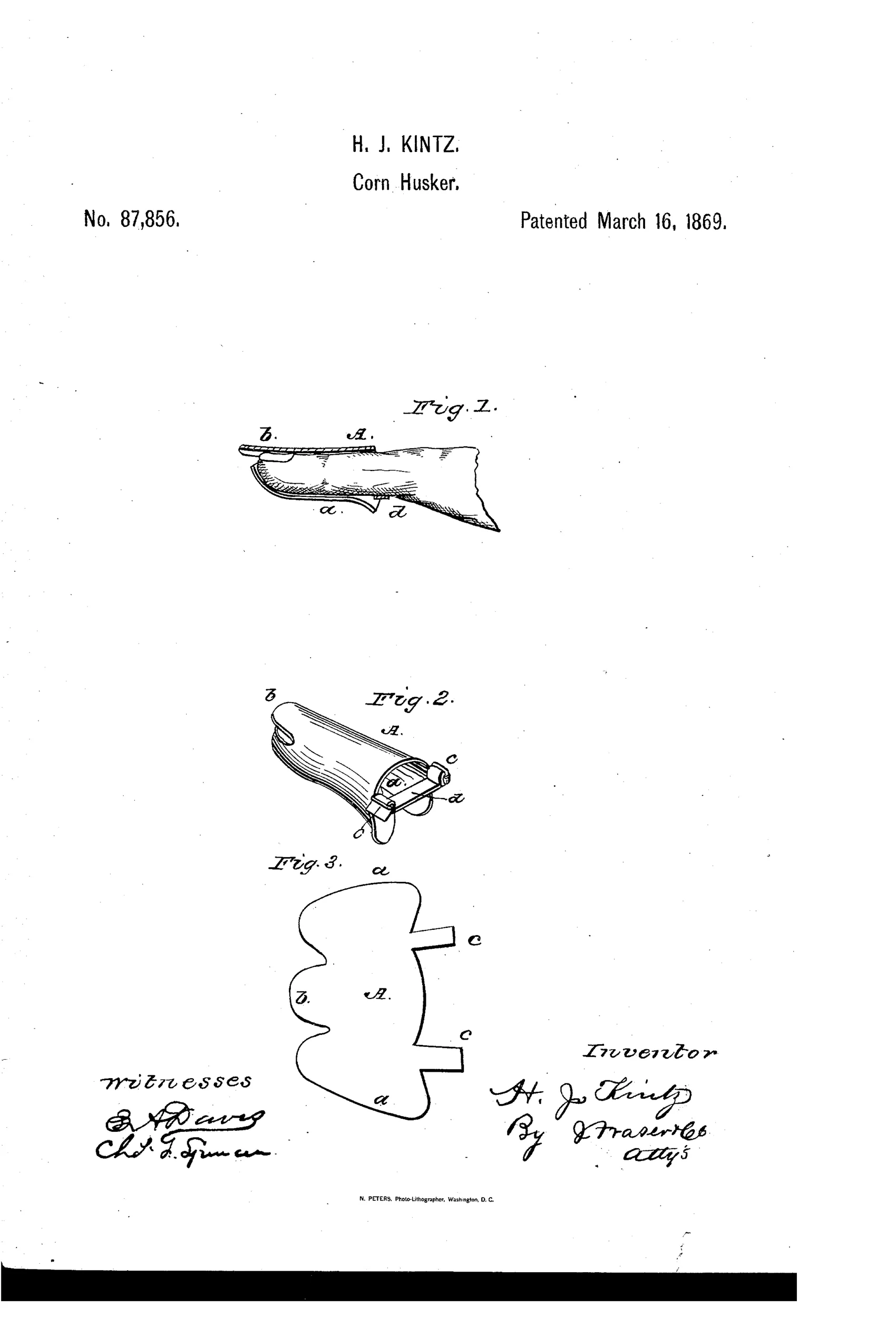 Three patent drawings show a metal corn-husking thimble: a side-section view fitted on a thumb, a perspective view with an elastic strap and tongues, and a flat cut sheet-metal blank labeled with reference letters A, a, b, c, d.