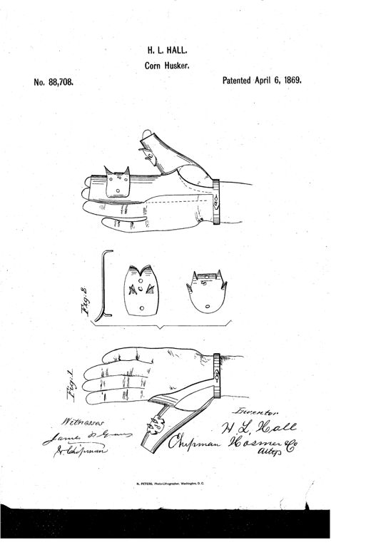 Patent drawing showing a leather glove worn on a hand with metal claws attached to the thumb and fingers, alongside separate views of the thumb cot and glove finger pieces with hook-like claws and buttonholes.