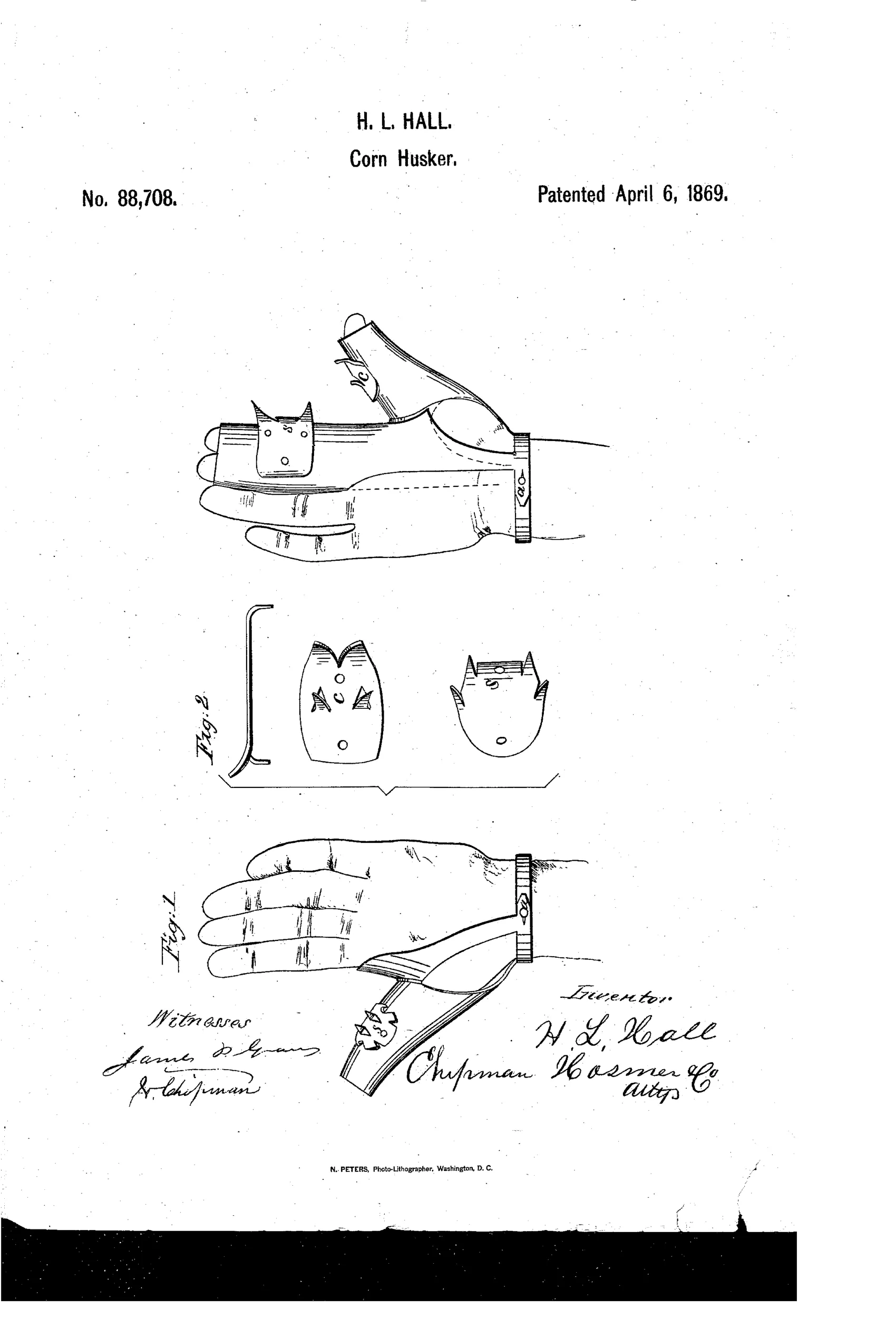 Patent drawing showing a leather glove worn on a hand with metal claws attached to the thumb and fingers, alongside separate views of the thumb cot and glove finger pieces with hook-like claws and buttonholes.