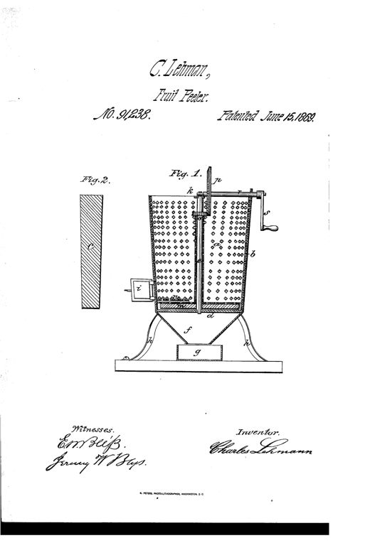 Patent drawing of a cylindrical fruit-peeling machine with a perforated interior, a central rotating diaphragm shaft, a hand crank and gear assembly at the top, and a funnel-shaped base leading to a collection box, alongside a separate detail view of a roughened stave.
