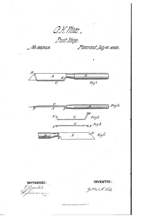 Patent drawing of a knife blade with a bent wire guide attached near its cutting edge via two pins that fit into slots on the blade, shown in five views including assembled, edge-on, and disassembled states.