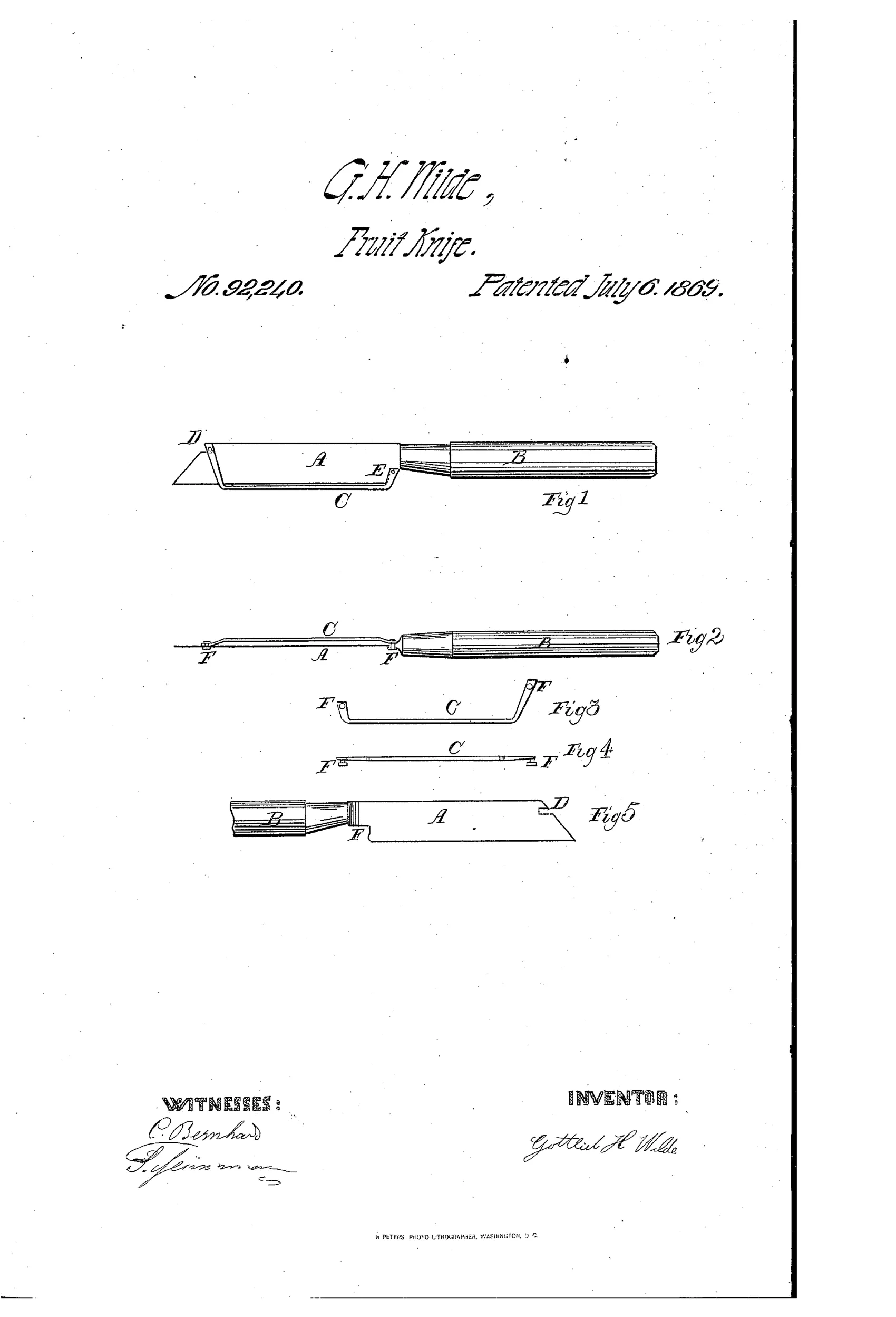 Patent drawing of a knife blade with a bent wire guide attached near its cutting edge via two pins that fit into slots on the blade, shown in five views including assembled, edge-on, and disassembled states.