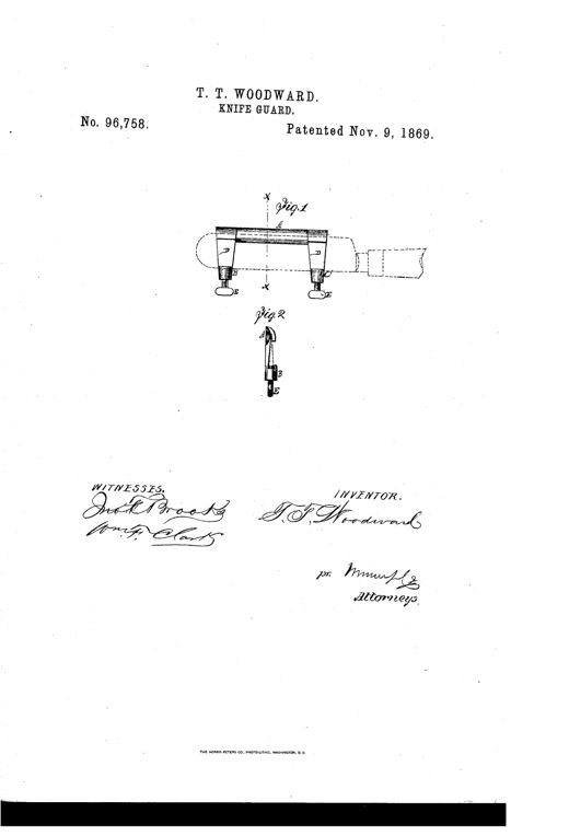 Patent drawing showing a bar-shaped knife guard with two grooved arms clamped onto a knife blade via thumbscrews, plus a small cross-section detail below.