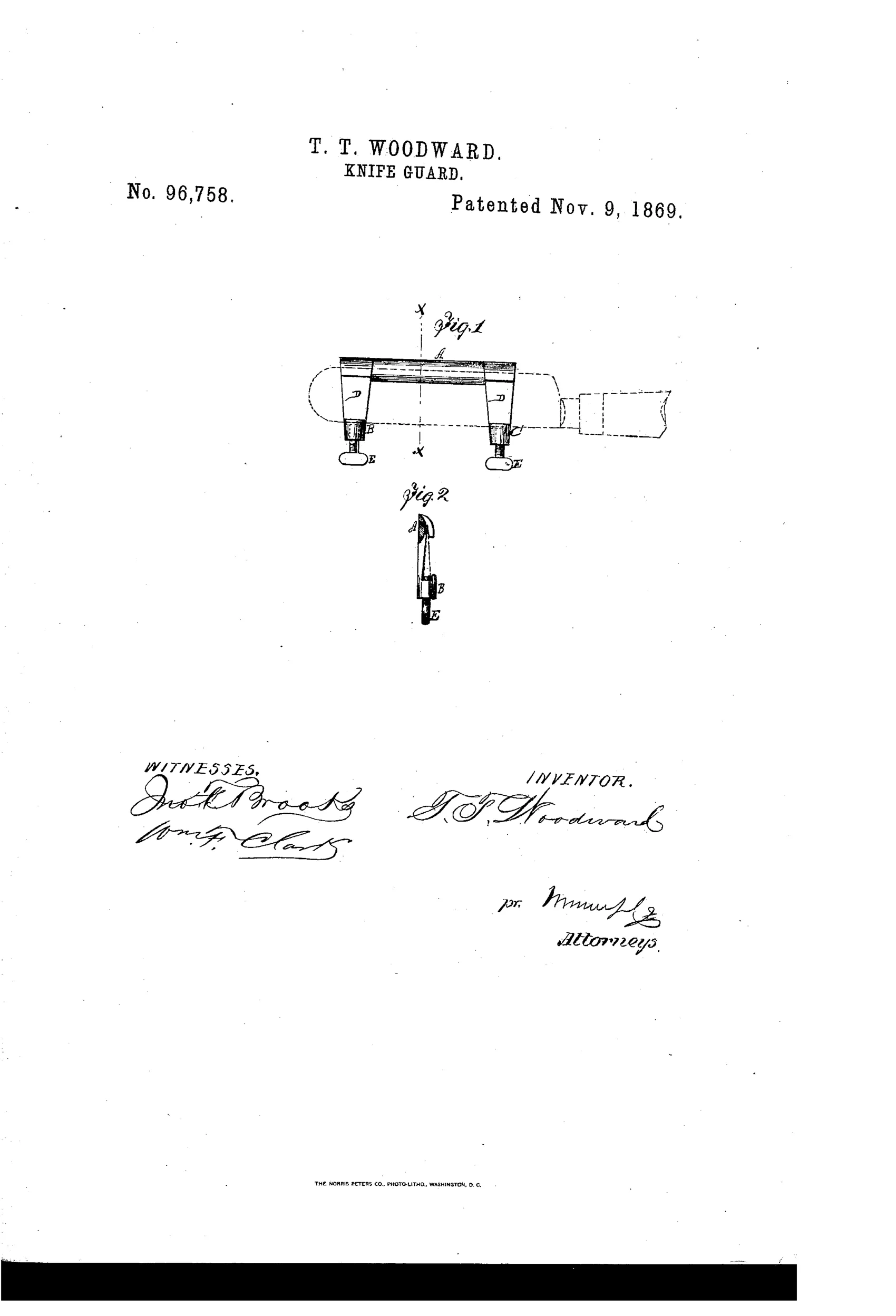 Patent drawing showing a bar-shaped knife guard with two grooved arms clamped onto a knife blade via thumbscrews, plus a small cross-section detail below.