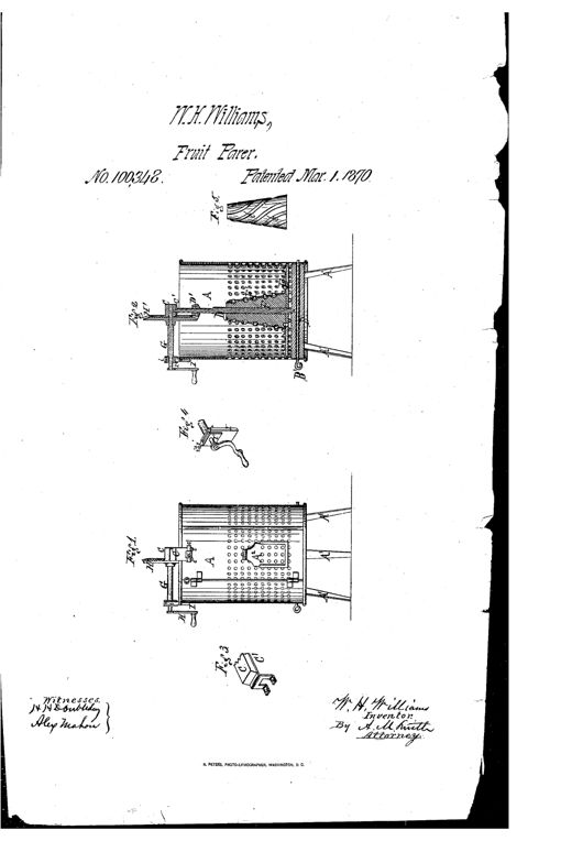 Patent drawing of a cylindrical fruit-paring machine with a crank handle, showing an outer perforated shell, internal grating cylinder, and a sliding discharge door at the base.