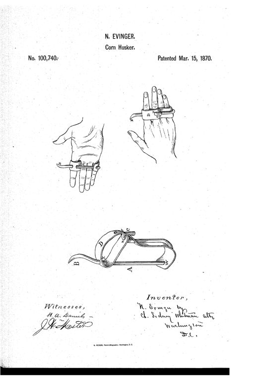 Drawing showing a hand-worn corn husker with a curved metal wire and hook attached to a leather strap that fits around the fingers, illustrated from the palm side, back of the hand, and as a standalone device.