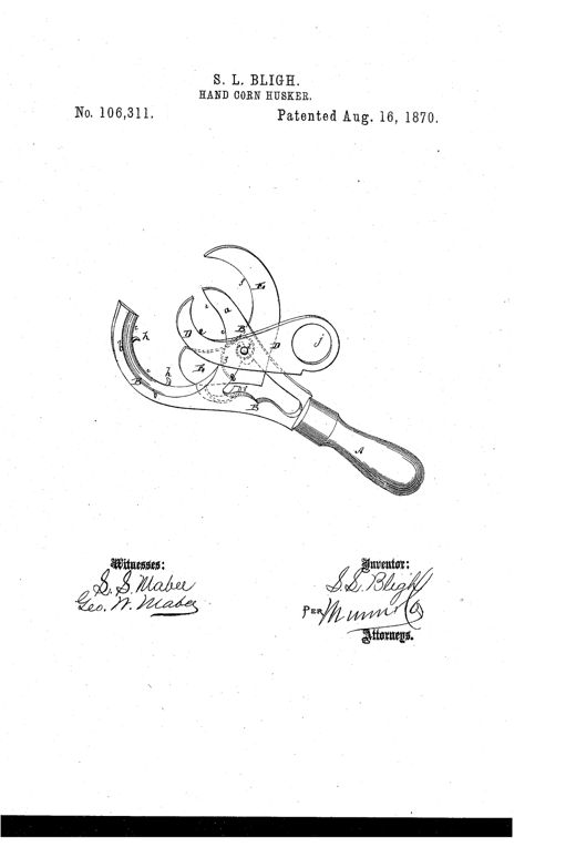 A hand-held tool with a wooden handle attached to a curved metal plate bearing two pivoting crescent-shaped knives, fixed blades, and small hooks, forming a pair of shears for husking corn.