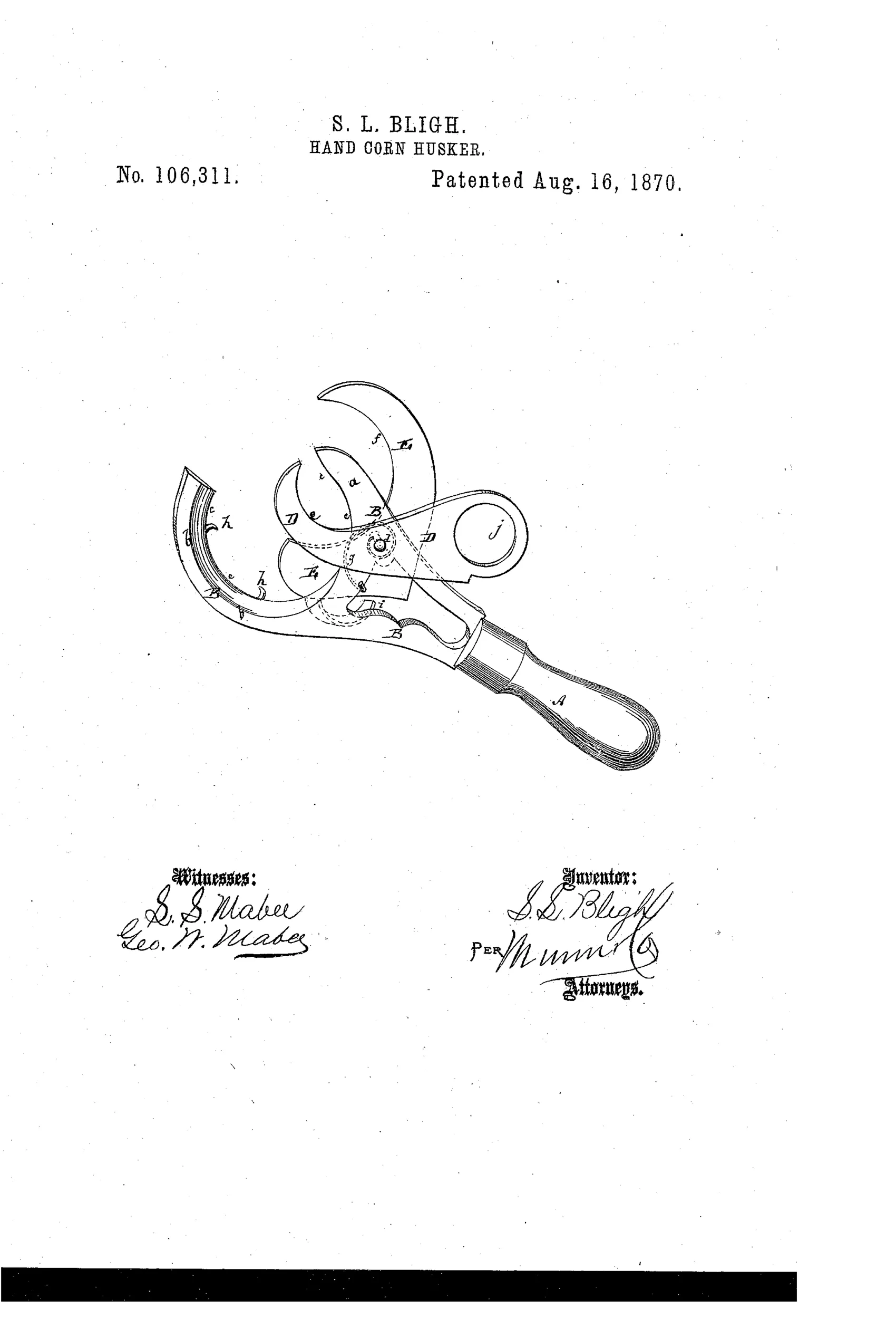 A hand-held tool with a wooden handle attached to a curved metal plate bearing two pivoting crescent-shaped knives, fixed blades, and small hooks, forming a pair of shears for husking corn.
