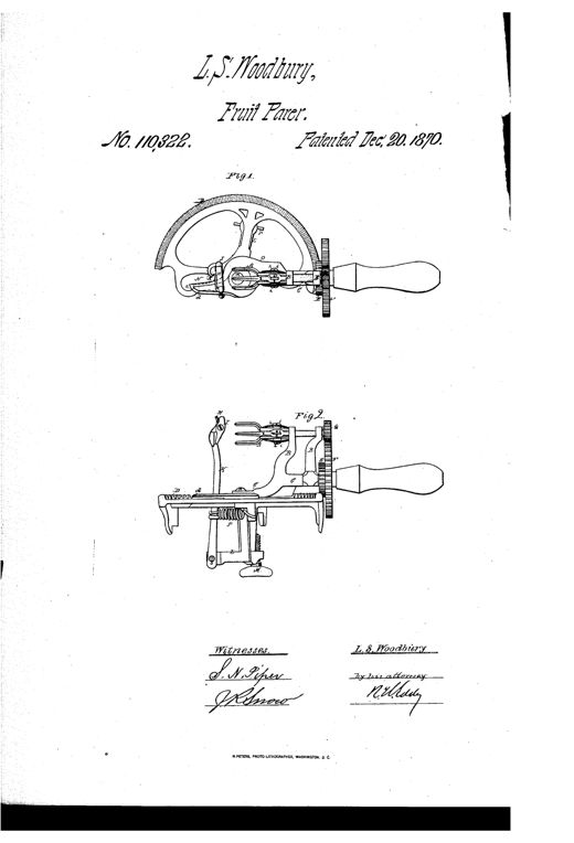 Two mechanical line drawings of a 19th-century cast-iron fruit parer: Fig. 1 shows a top view with an arc-shaped toothed sector, gears, a pivoted knife lever, and a wooden crank handle; Fig. 2 shows a rear elevation with the rotary fork, gear train, clamp screw, and table-clamp base.