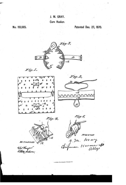 Patent drawing of a hinged hand-held corn husker and sheller with two curved toothed plates, straps for the hand and finger, shown in end view, bottom view, section, and in use gripping an ear of corn.