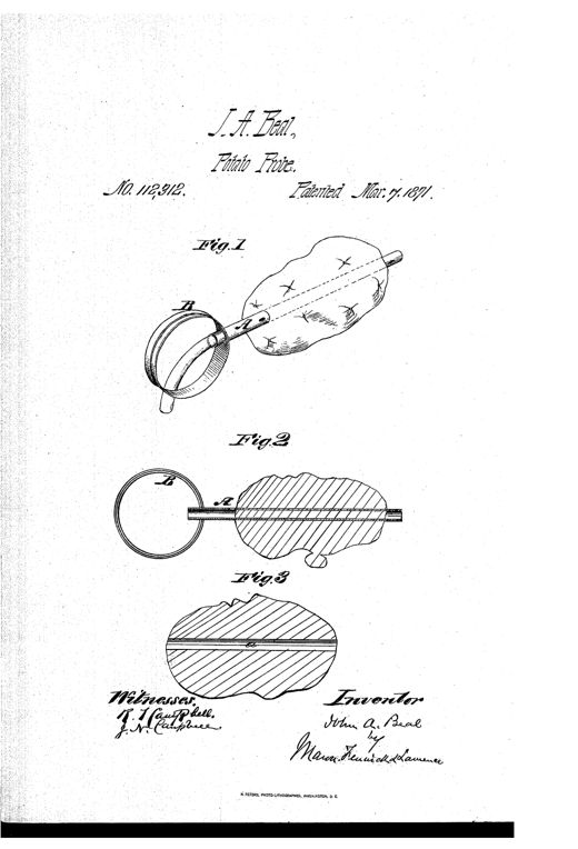 Three drawings show a hand-held tube-and-handle tool being pushed through a knobby potato, a cross-section of the tube inside the potato, and a cross-section of the potato showing the resulting through-hole.