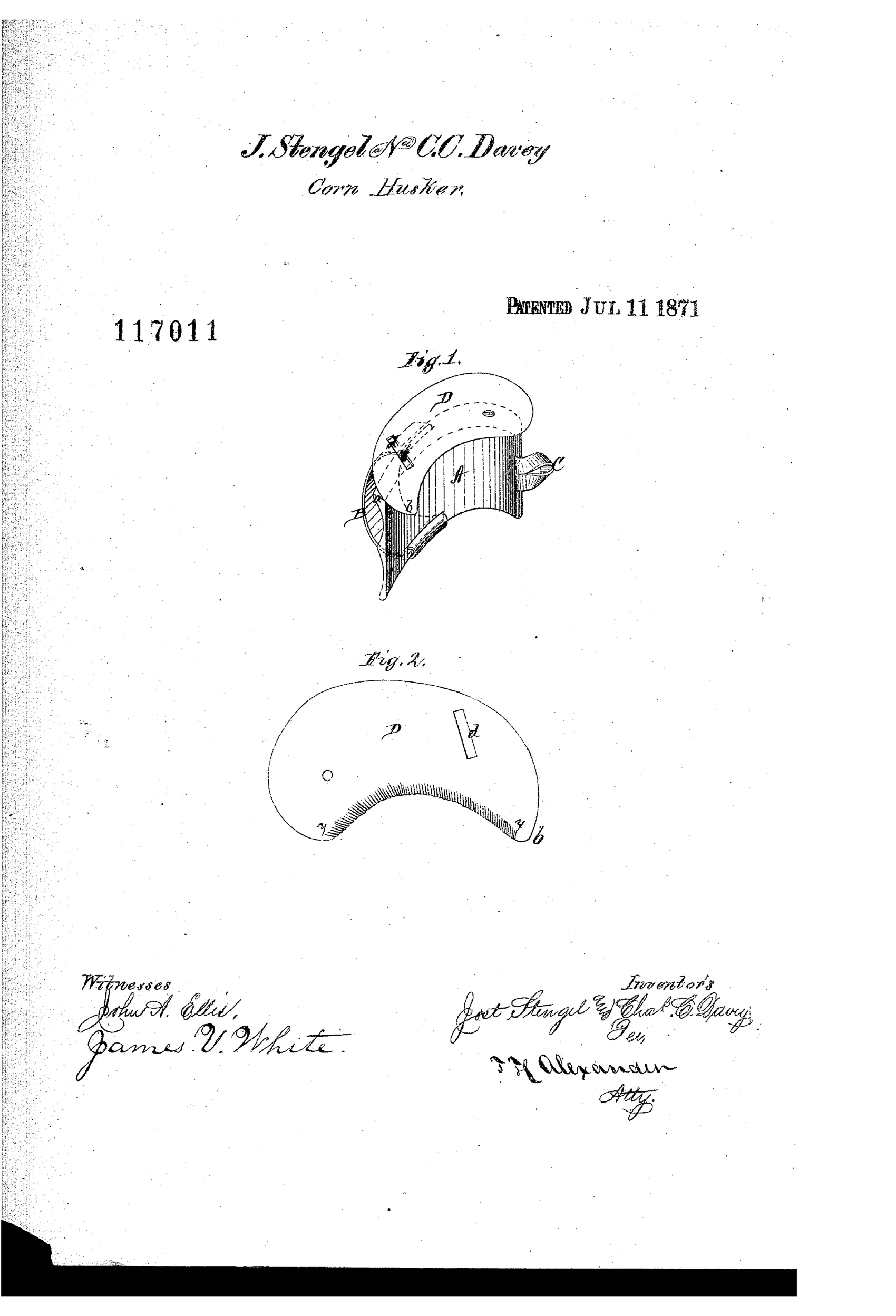 Two patent drawings show a curved wooden hand-worn corn-husking block with a pivoted, pointed metal blade on top secured by rubber bands, and a separate enlarged bottom view of the crescent-shaped serrated cutter with its adjustment slot.