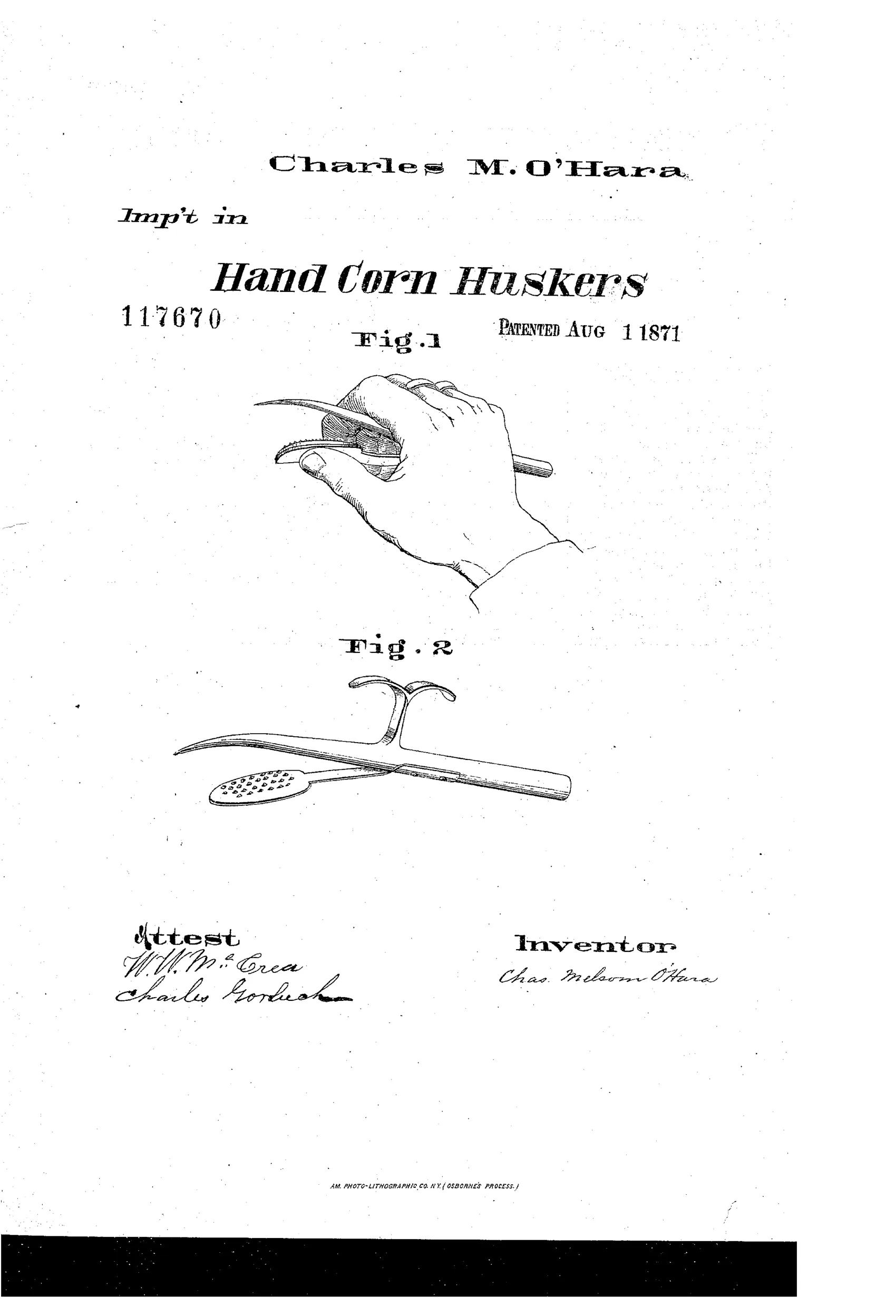 Line drawing of a hand gripping a curved husking pin fitted with finger loops and a spring-hinged, roughened thumb-plate, with a separate detail view of the detached pin and guard below.