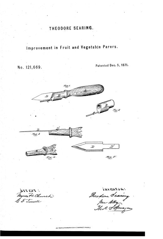 Patent drawing of a hand-held fruit and vegetable parer showing a wooden handle, a metal ferrule with a wire guard, and a pointed double-edged blade, along with separate detail views of the ferrule, handle shank, and blade.