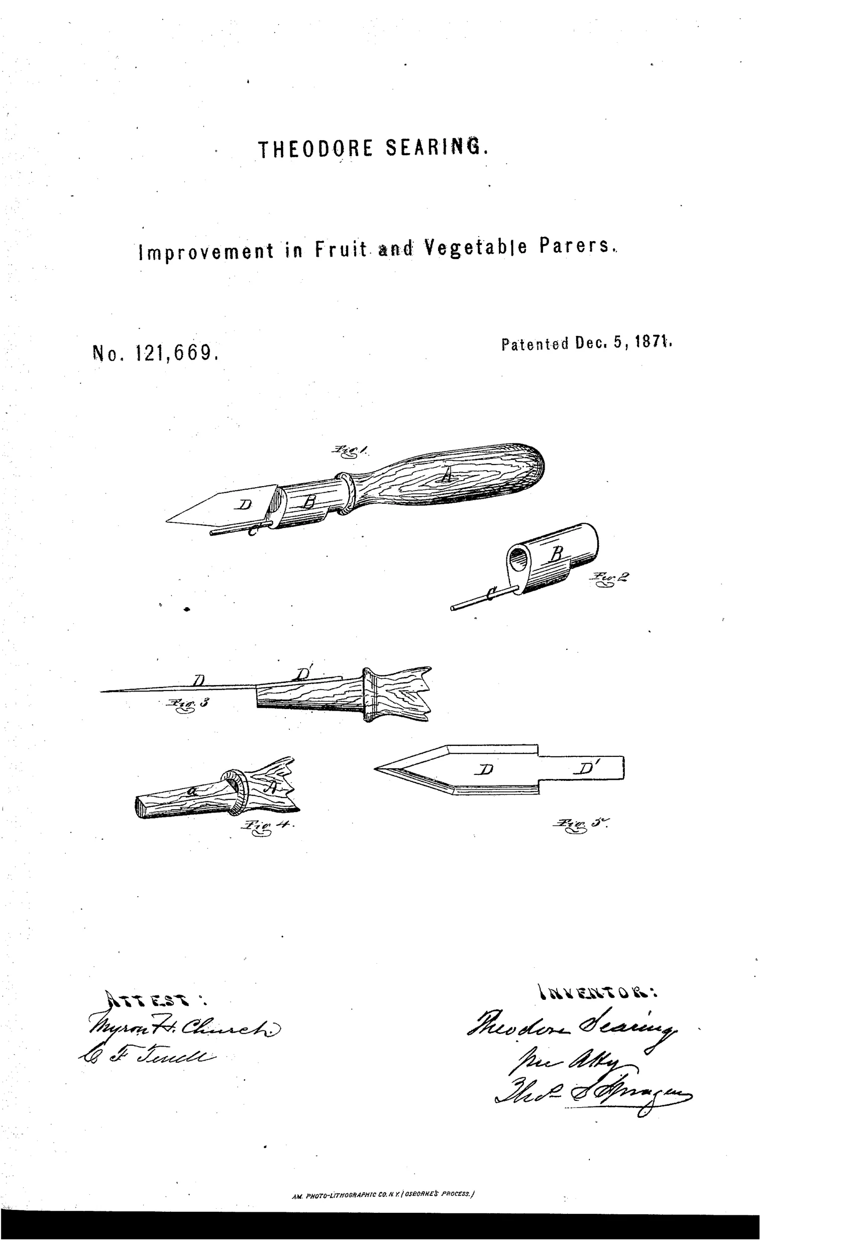 Patent drawing of a hand-held fruit and vegetable parer showing a wooden handle, a metal ferrule with a wire guard, and a pointed double-edged blade, along with separate detail views of the ferrule, handle shank, and blade.
