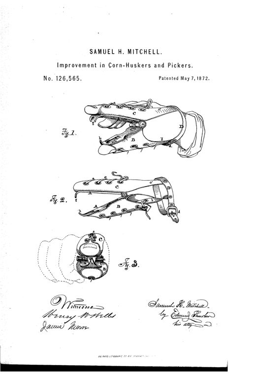 Line drawing of a hand-worn corn-husking device showing two hinged metal plates fastened to leather thumb and finger stalls, connected by straps to a buckled wrist strap, with an end view showing the device fitted over a hand.