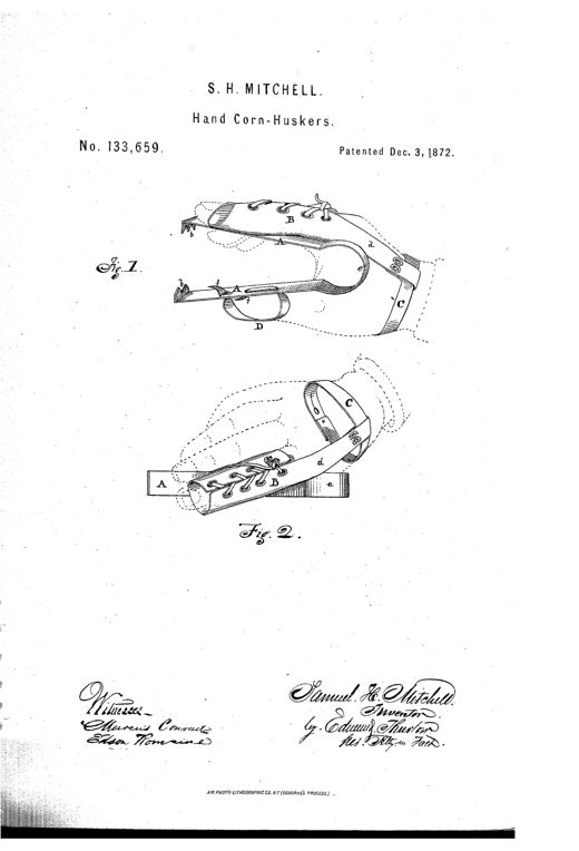 Patent drawing of a hand corn husker made from a bent strip of hoop-iron with serrated tong ends, a thumb strap labeled D, and a leather finger stall B attached diagonally with an adjustable hand strap C, shown in two views labeled Fig. 1 and Fig. 2.