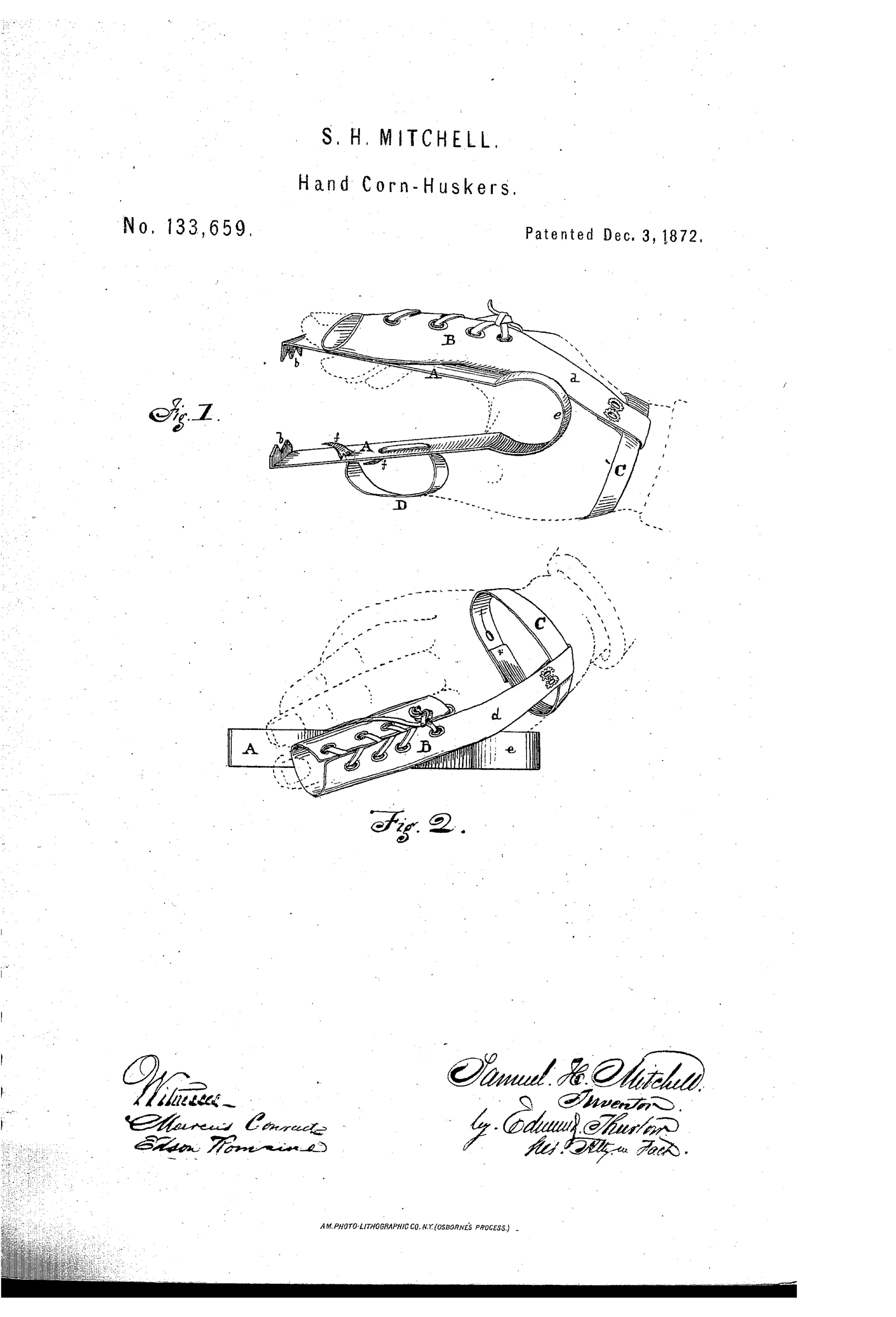 Patent drawing of a hand corn husker made from a bent strip of hoop-iron with serrated tong ends, a thumb strap labeled D, and a leather finger stall B attached diagonally with an adjustable hand strap C, shown in two views labeled Fig. 1 and Fig. 2.