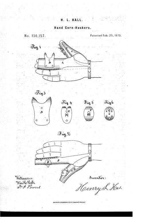 Patent drawing showing a right hand and a left hand each wearing a leather glove fitted with metal claw plates on the thumb and forefinger, with separate detail views of the four individual claw plates below.
