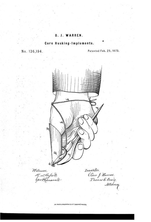 Drawing of a hand wearing a shirt cuff, with a pointed metal pin gripped between the fingers and a curved metal thumb-stall tube secured to the thumb by a cord, the two jaws meeting to grip and tear a corn husk.