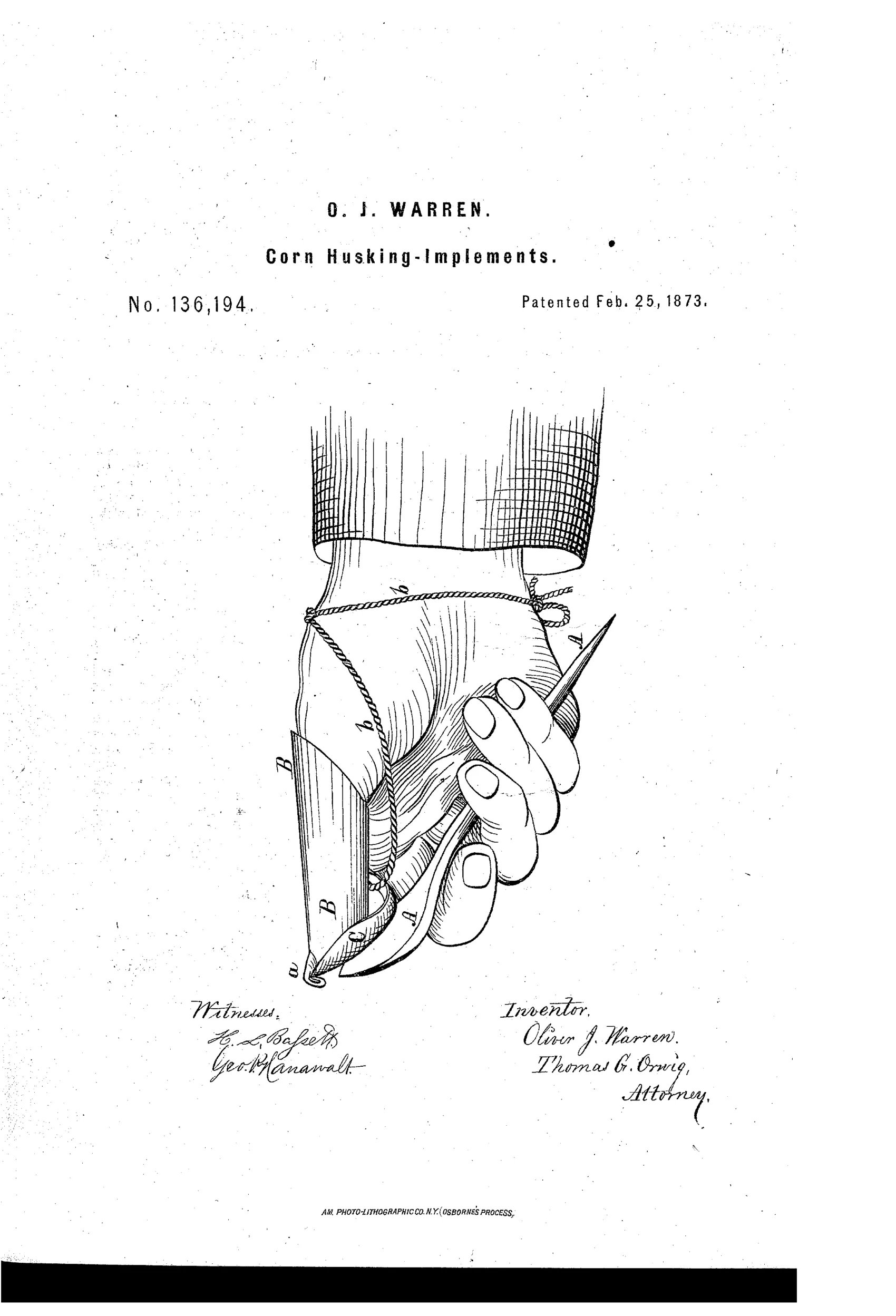 Drawing of a hand wearing a shirt cuff, with a pointed metal pin gripped between the fingers and a curved metal thumb-stall tube secured to the thumb by a cord, the two jaws meeting to grip and tear a corn husk.