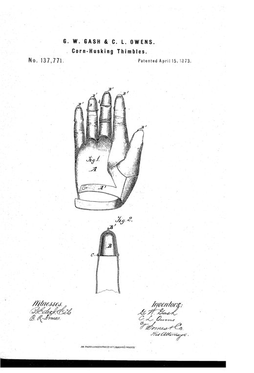 A patent drawing of a glove with metal thimbles fitted over each finger and thumb, each thimble marked with a bead B' at the tip, alongside a separate close-up section of one finger thimble labeled Fig. 2 showing the internal knife-edge blade and securing bead.
