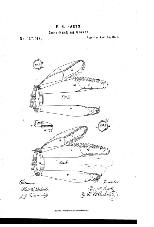 Patent drawing of a leather glove with metal toothed plates on the thumb, index finger, and little finger, joined by a wrist strap and buckle, shown both assembled and worn on a hand outline.