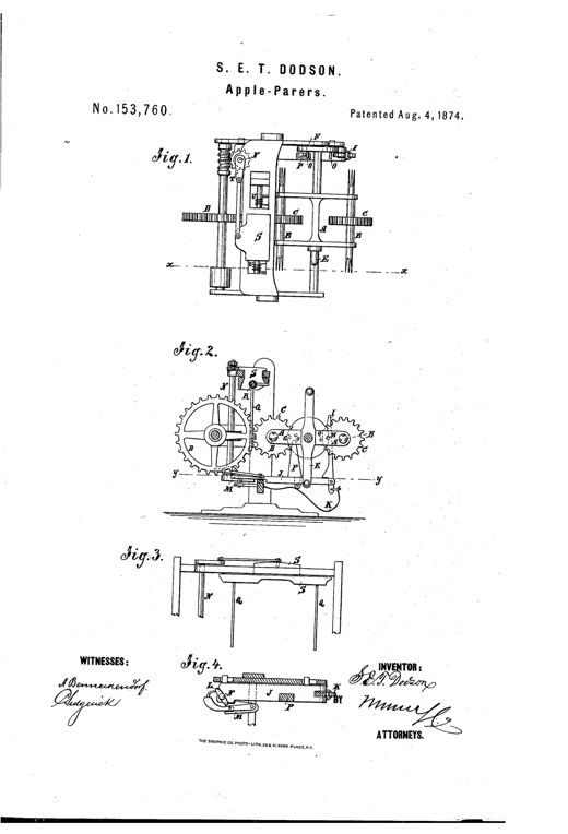 Patent drawing of an apple-parer showing a revolving reel with multiple forks, gears, and a cutter slide mechanism, plus a detail side view and section.