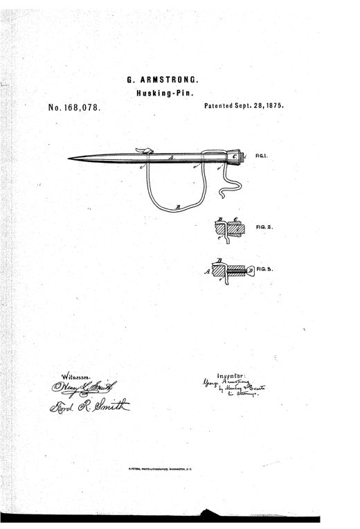 Patent drawing of a slender pointed husking pin with a leather loop-strap threaded through holes near the heel and secured by a threaded nut, with two smaller cross-sectional details showing the heel mechanism.