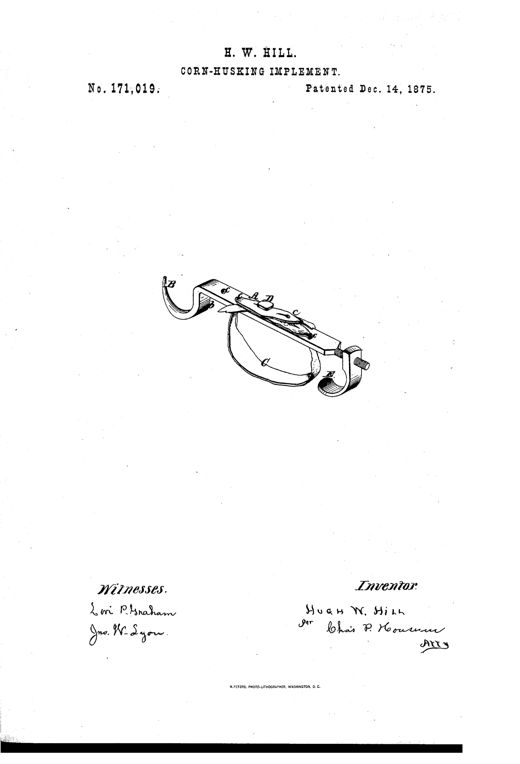 Line drawing of a curved metal corn-husking implement with a hooked tang at one end, a flat perforated bar with an adjustable leather strap in the middle, and a threaded swiveling heel at the other end.