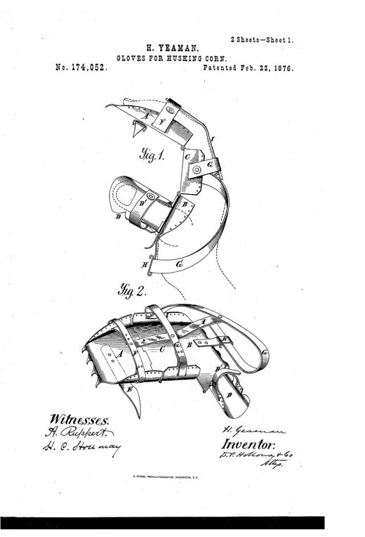 Patent drawing of a metal hand-armor device with hinged finger, wrist, palm, and thumb plates connected by straps and a spring catch, shown both as a side view attached to a hand and as a flat perspective of the plate assembly.
