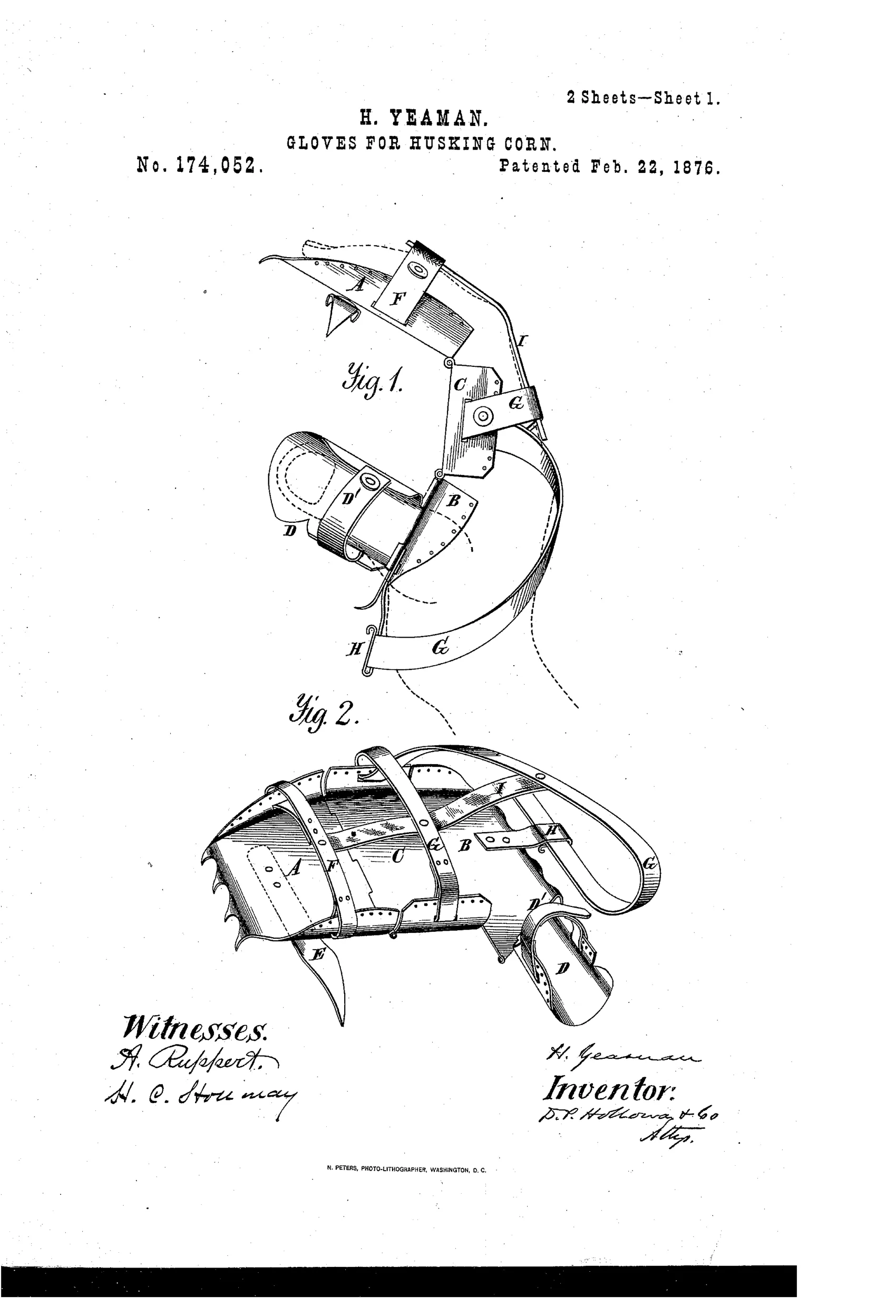 Patent drawing of a metal hand-armor device with hinged finger, wrist, palm, and thumb plates connected by straps and a spring catch, shown both as a side view attached to a hand and as a flat perspective of the plate assembly.