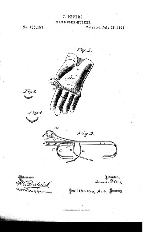 A patent drawing showing a leather glove with a forked metal plate and spring husking device strapped across the palm using a cord, alongside a detached perspective view of the husking mechanism labeled with letters A, B, B', C, and cross-section details in Figures 3 and 4.