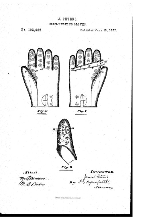 Two patent drawings of leather work gloves, one right-hand with a pronged metal husking-pin riveted across the palm, both studded with circular leather disks on the fingers, palm, and thumb, plus a separate detail drawing of the thumb showing the dense rivet cluster.