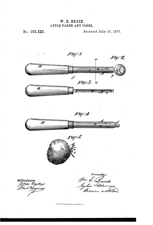 Patent drawing of a slotted paring knife with a wooden handle marked B, showing side, cross-section, and longitudinal section views, plus a diagram of the blade peeling a potato with a pointed coring tip.