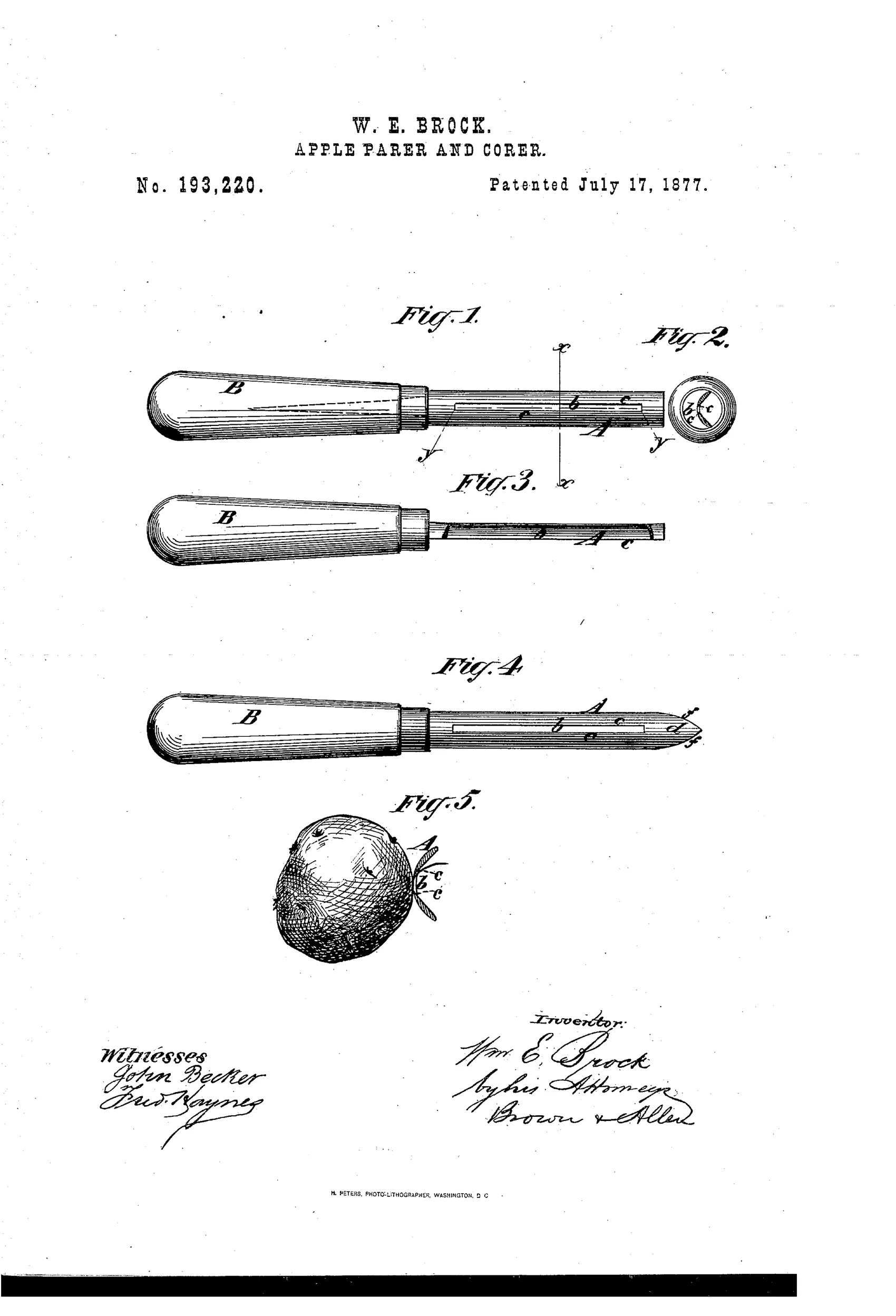Patent drawing of a slotted paring knife with a wooden handle marked B, showing side, cross-section, and longitudinal section views, plus a diagram of the blade peeling a potato with a pointed coring tip.