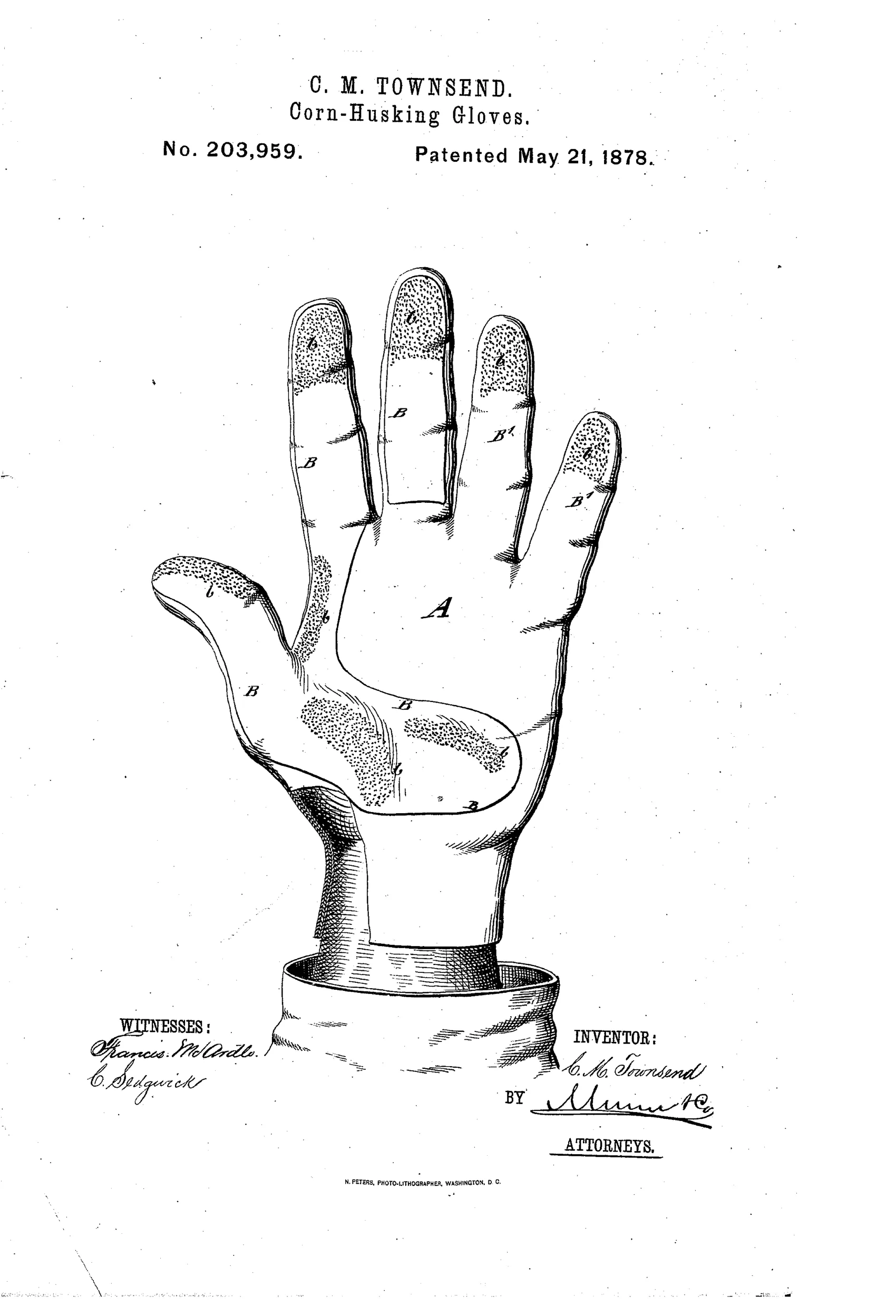 Line drawing of an open right hand wearing a leather glove, with letters A, B, B1, and b marking rubber-and-sand coated strips on the fingertips, finger joints, and palm.