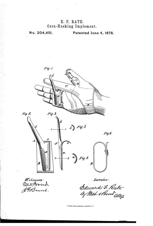 Illustration of a hand wearing a leather-strapped metal husking pin with a curved hooked prong extending across the fingers, alongside detail views of the pin and strap components.