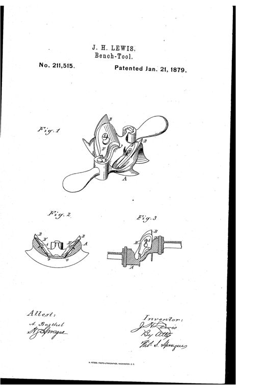A hand-held curved spokeshave-type bench tool with a wooden handle, a curved metal segmental head fitted with two angled cutting bits held by clamp plates and screws, shown in perspective, cross-section, and longitudinal section views.