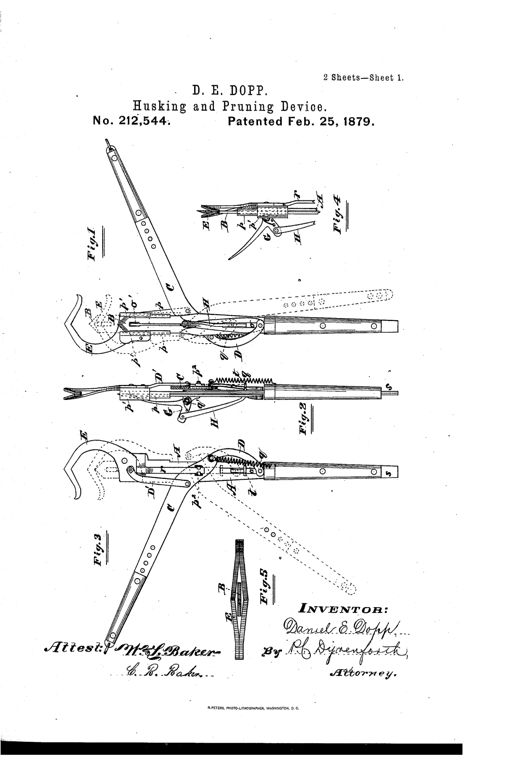Patent drawing of a hand-held husking and pruning tool showing a long flat metal holder with a hooked end, a sliding pointed cutter, a curved pivoting lever with handles, and detail views of the hook, cutter, and an extension pole with pulley for tree pruning.