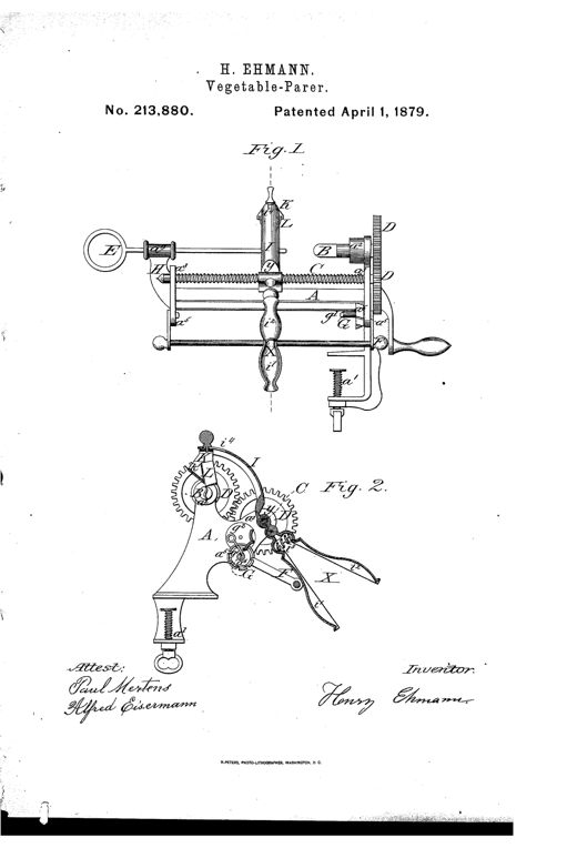 Patent drawing of a hand-cranked cast-metal vegetable parer with a clamp base, geared crank mechanism, leading screw, and pivoted V-shaped paring knife assembly, shown in front elevation (Fig. 1) and internal cross-section (Fig. 2).