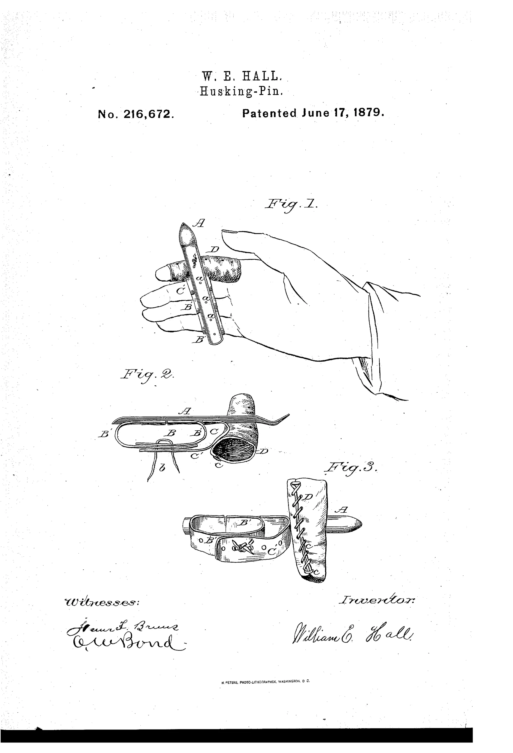 Patent drawing showing a pointed metal husking pin strapped across a hand's fingers with adjustable leather straps and a laced forefinger cot, plus separate enlarged side and back views of the detached pin assembly.
