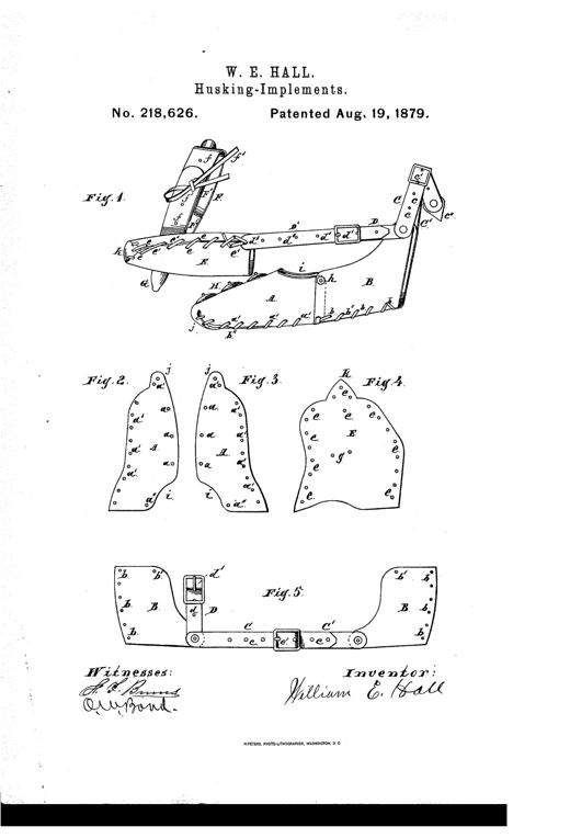 Line drawing of a leather corn-husking hand device showing a jointed thumb cot with lacing holes, a curved finger stall with a husking pin, and connecting adjustable straps and a wrist buckle strap, with smaller detail drawings of the individual leather blank patterns below.