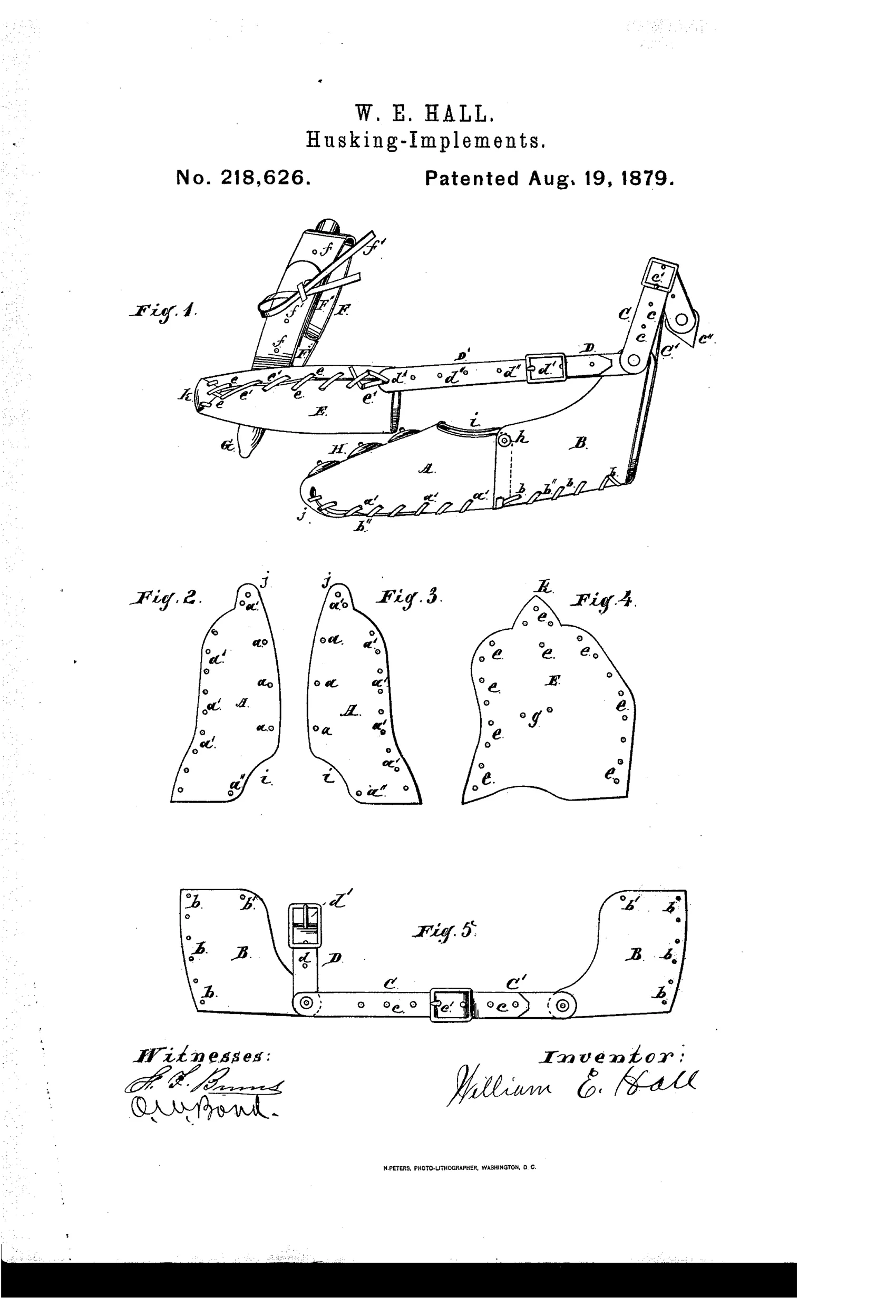 Line drawing of a leather corn-husking hand device showing a jointed thumb cot with lacing holes, a curved finger stall with a husking pin, and connecting adjustable straps and a wrist buckle strap, with smaller detail drawings of the individual leather blank patterns below.