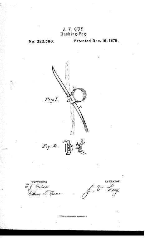 Patent drawing of a pointed husking peg with a curved handle and a separate metal ring fitted loosely near its base, shown both assembled and in exploded detail with labeled parts A, B, c, d, and J.