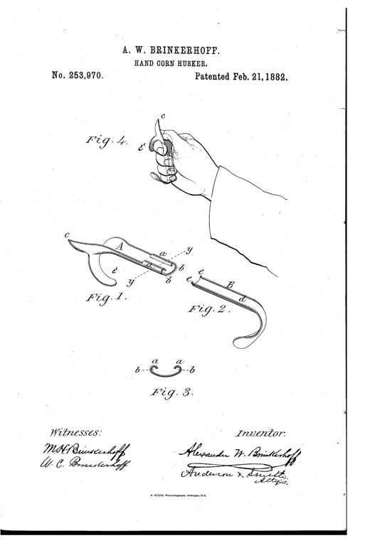 Patent drawing showing a small metal hand corn husker with a hooked toothed spur worn on a hand's forefinger, plus separate perspective views of its two interlocking curved sections and a cross-section detail.
