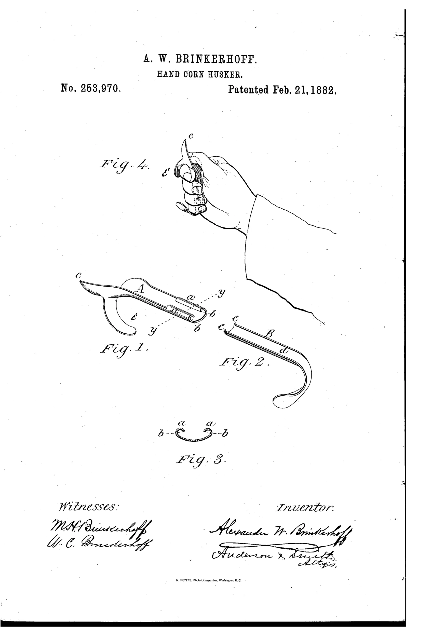 Patent drawing showing a small metal hand corn husker with a hooked toothed spur worn on a hand's forefinger, plus separate perspective views of its two interlocking curved sections and a cross-section detail.