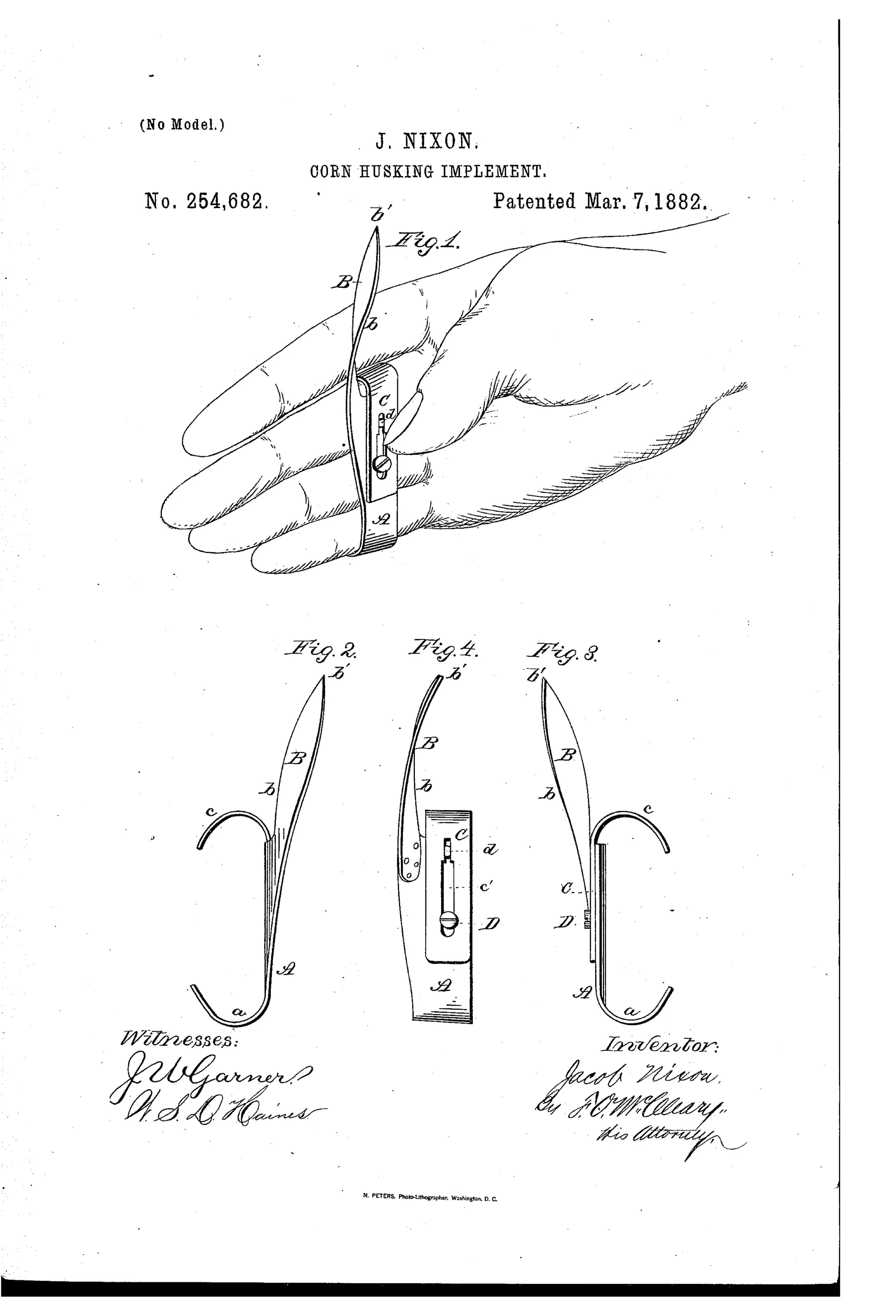 Line drawing of a hand wearing a small metal husking device on the fingers, with a curved hooked shank and a spirally twisted pointed pin projecting upward, alongside three additional side-view diagrams labeled Fig. 2, Fig. 3, and Fig. 4 showing the parts A, B, C, and D of the mechanism.